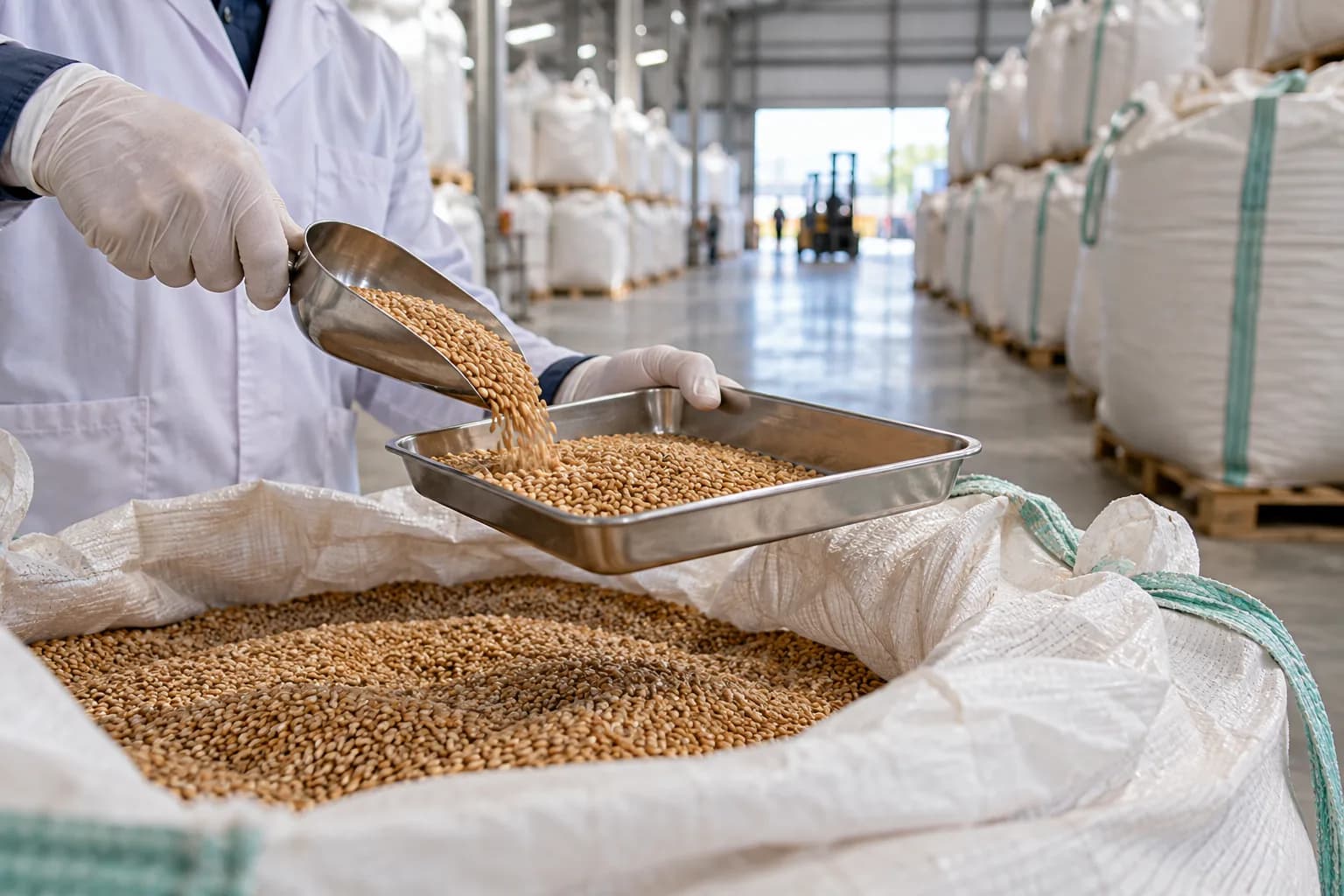 Inspector sampling grain from a bulk sack in a warehouse