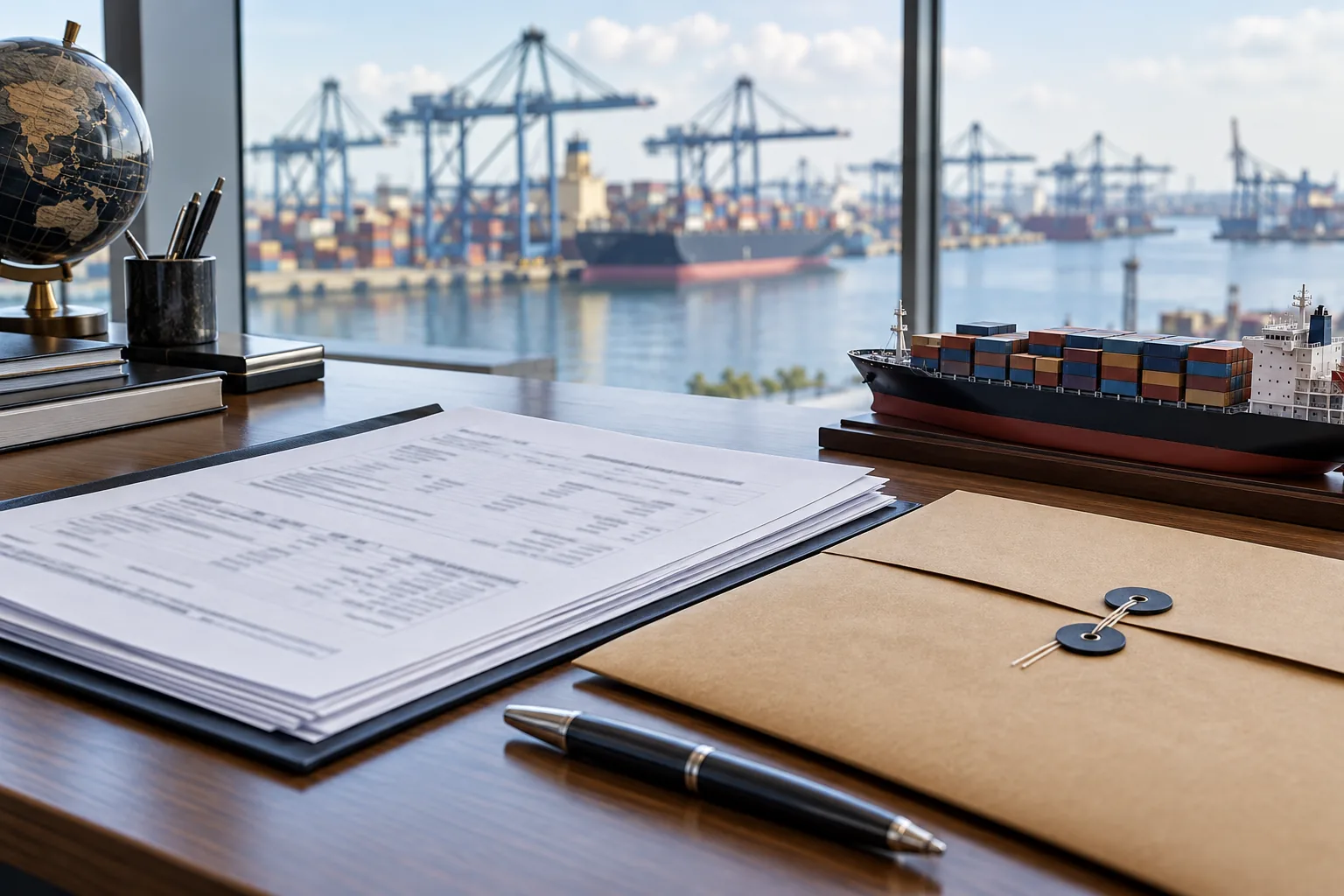 Shipping documents and cargo ship model on a trading desk overlooking a port